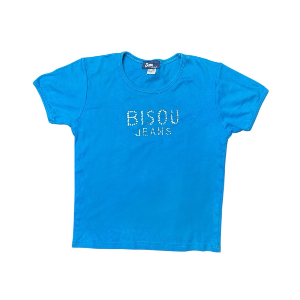 Y2K Bisou Bisou Cobalt Blue McBling Rhinestone Baby Tee Size Large